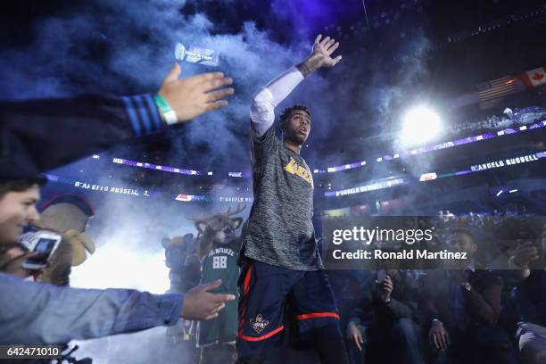 Angelo Russell of the Los Angeles Lakers is introduced prior to the 2017 BBVA Compass Rising Stars Challenge at Smoothie King Center on February 17,...