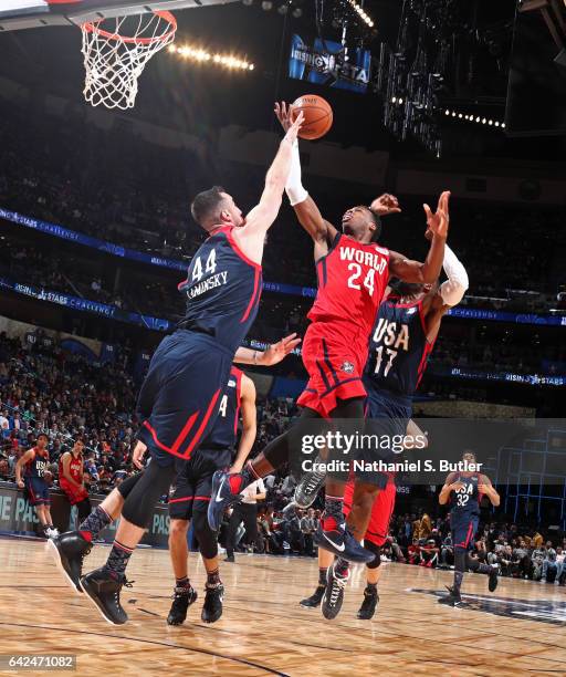 Buddy Hield of the World Team drives to the basket during the BBVA Compass Rising Stars Challenge as part of 2017 All-Star Weekend at the Smoothie...