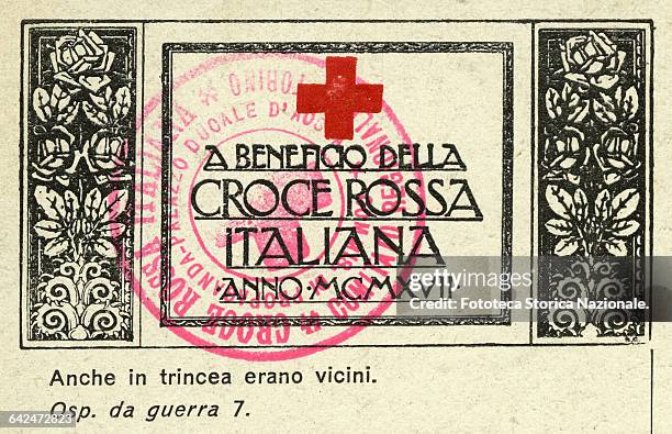 Back of a postcard to spread the benefit of the Italian Red Cross. Symbol and postal cancellation stamp of CRI Retro postcard war Hospital 7 , Italy...