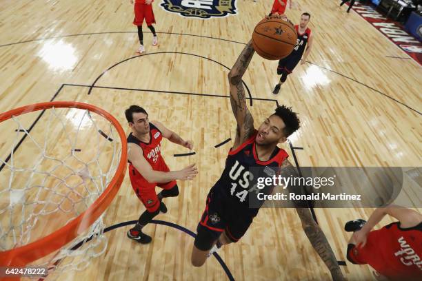 Brandon Ingram of the Los Angeles Lakers dunks the ball in the first half against the World Team during the 2017 BBVA Compass Rising Stars Challenge...