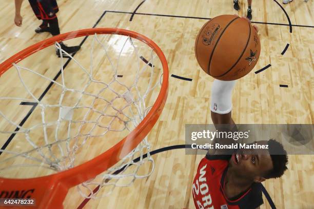 Buddy Hield of the New Orleans Pelicans dunks the ball in the first half against the US Team during the 2017 BBVA Compass Rising Stars Challenge at...