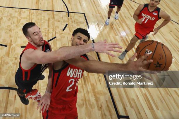 Jamal Murray of the Denver Nuggets drives to the basket against Frank Kaminsky of the Charlotte Hornets in the first half of the 2017 BBVA Compass...