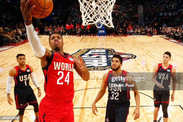 Buddy Hield of the New Orleans Pelicans drives to the basket in the first half against the US Team during the 2017 BBVA Compass Rising Stars...