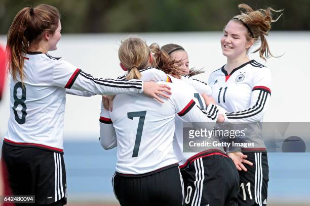 Players of Germany U16 Girls Noreen Günnewig, Lina Jubel, Pauline Wimmer, Pauline Berning, Laura Haas celebrating their goal during the match between...