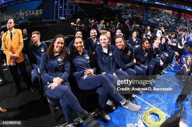 The UCONN Women's basketball players pose for a photo during the BBVA Compass Rising Stars Challenge as part of 2017 All-Star Weekend at the Smoothie...