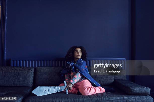 portrait of girl dressed as a superhero - girl imagination stock pictures, royalty-free photos & images