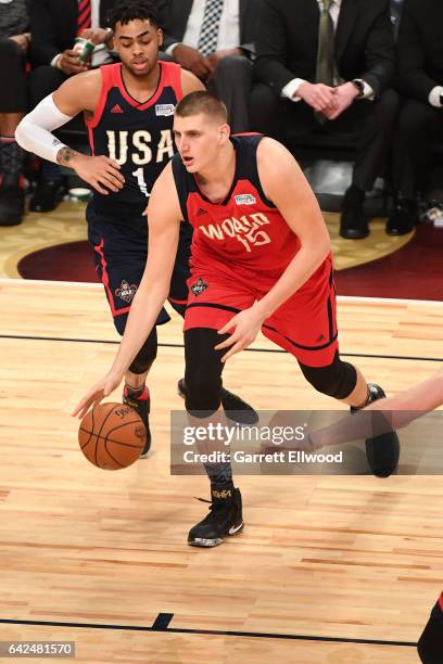 Nikola Jokic of the World Team handles the ball during the BBVA Compass Rising Stars Challenge as part of 2017 All-Star Weekend at the Smoothie King...