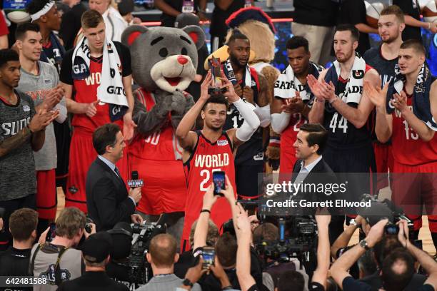 Jamal Murray of the World Team is honored as the MVP the BBVA Compass Rising Stars Challenge as part of 2017 All-Star Weekend at the Smoothie King...