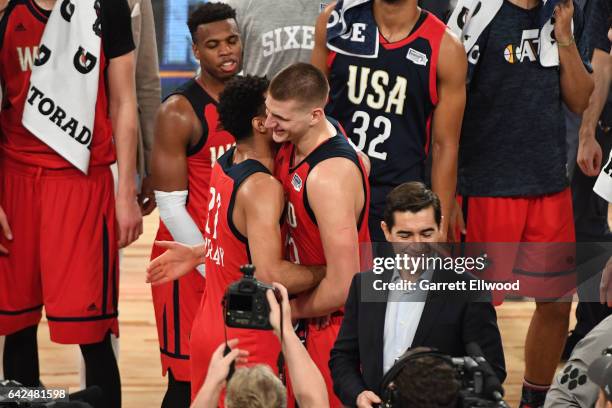 Jamal Murray and Nikola Jokic of the World Team talk after the BBVA Compass Rising Stars Challenge as part of 2017 All-Star Weekend at the Smoothie...