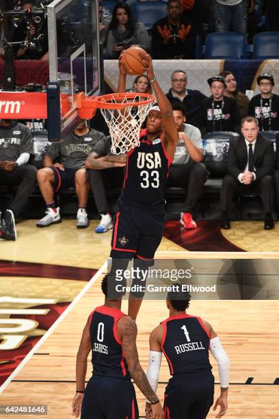 Myles Turner of the USA Team goes up for a dunk during the BBVA Compass Rising Stars Challenge as part of 2017 All-Star Weekend at the Smoothie King...