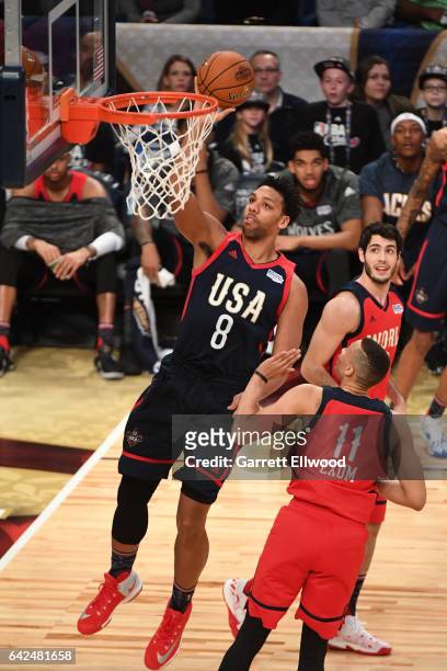 Jahlil Okafor of the USA Team shoots the ball during the BBVA Compass Rising Stars Challenge as part of 2017 All-Star Weekend at the Smoothie King...
