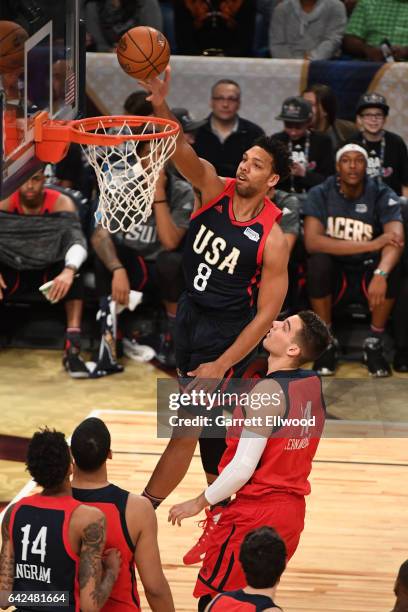 Jahlil Okafor of the USA Team shoots the ball during the BBVA Compass Rising Stars Challenge as part of 2017 All-Star Weekend at the Smoothie King...