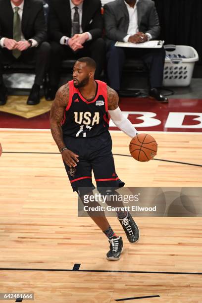 Jonathon Simmons of the USA Team handles the ball during the BBVA Compass Rising Stars Challenge as part of 2017 All-Star Weekend at the Smoothie...