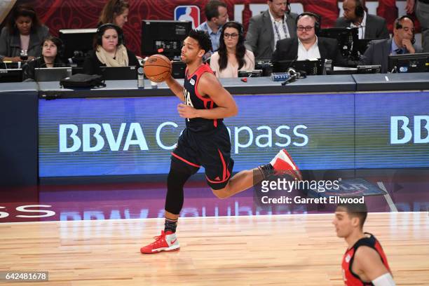 Jahlil Okafor of the USA Team handles the ball during the BBVA Compass Rising Stars Challenge as part of 2017 All-Star Weekend at the Smoothie King...