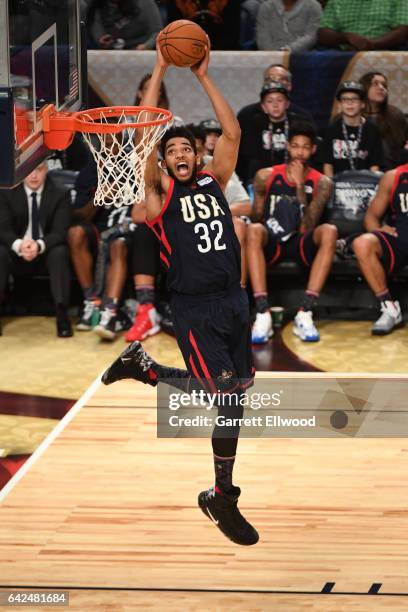 Karl-Anthony Towns of the USA Team goes up for a dunk during the BBVA Compass Rising Stars Challenge as part of 2017 All-Star Weekend at the Smoothie...