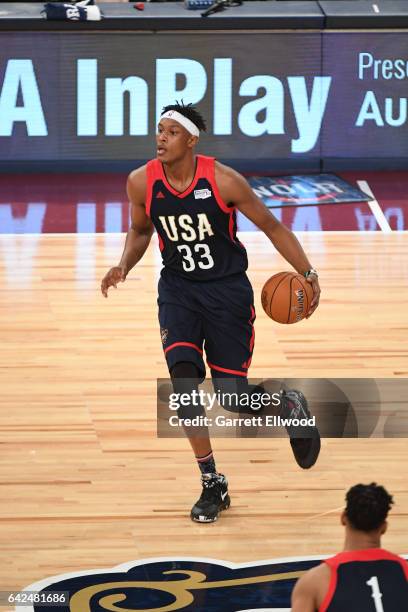 Myles Turner of the USA Team handles the ball during the BBVA Compass Rising Stars Challenge as part of 2017 All-Star Weekend at the Smoothie King...