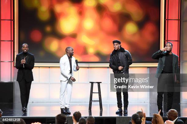 Actors Luke James, Elijah Kelley, Keith Powers and Woody McClain speak onstage during BET Presents the American Black Film Festival Honors on...