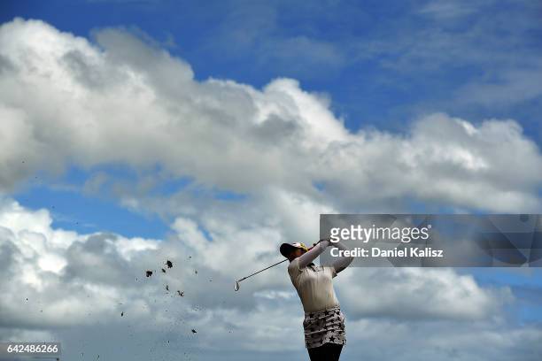 Pornanong Phatlum of Thailand plays a shot during round three of the ISPS Handa Women's Australian Open at Royal Adelaide Golf Club on February 18,...