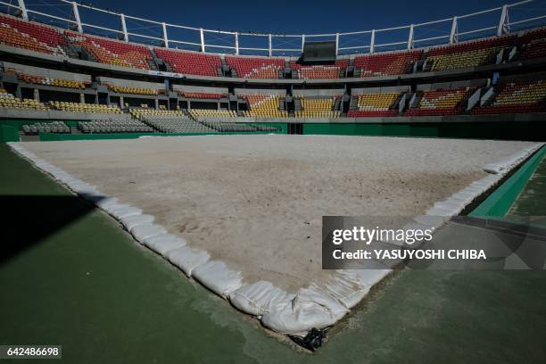 View of the Tennis Court at the Olympic Park after it was covered by sand to be used for beach volley in Rio de Janeiro, Brazil, on February 17 about...