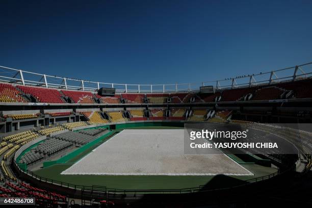 View of the Tennis Court at the Olympic Park after it was covered by sand to be used for beach volley in Rio de Janeiro, Brazil, on February 17 about...