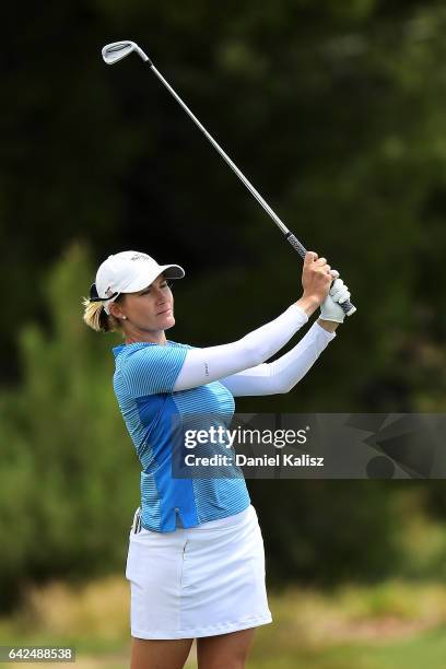Sarah Jane Smith of Australia plays a shot during round three of the ISPS Handa Women's Australian Open at Royal Adelaide Golf Club on February 18,...