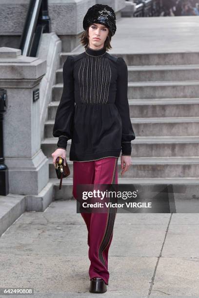 Model walks the runway at the Marc Jacobs Ready to Wear Fall Winter 2017-2018 fashion show on February 16, 2017 in New York City.