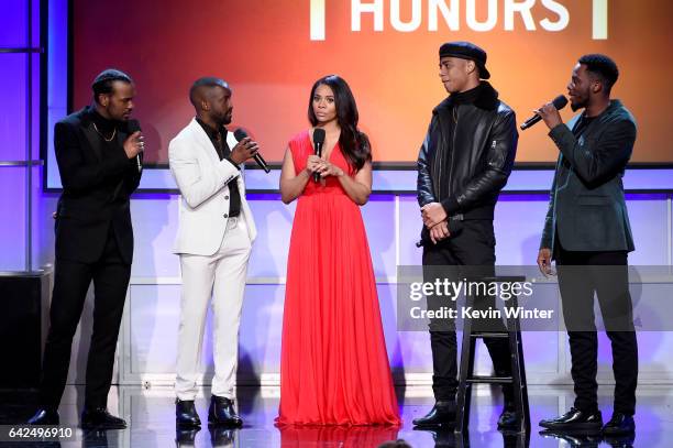 Actors Luke James, Elijah Kelley, host Regina Hall and actors Keith Powers and Woody McClain speak onstage during BET Presents the American Black...