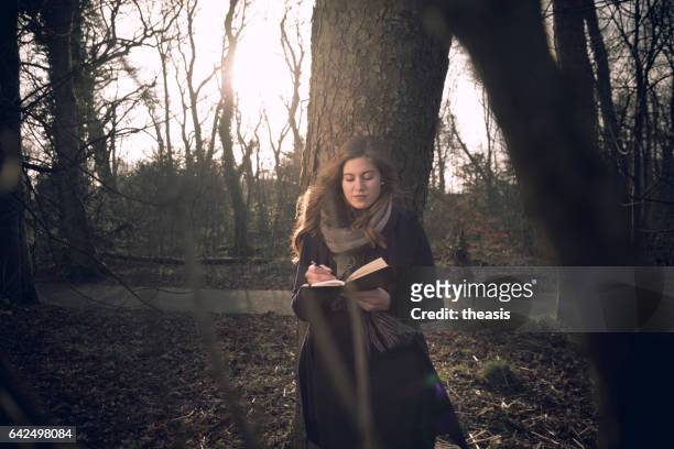 attractive young woman writing in her journal - theasis stock pictures, royalty-free photos & images