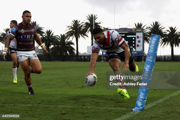 Daniel Tupou of the Roosters scores a try during the NRL Trial match between the Manly Warringah Sea Eagles and Sydney Roosters at Central Coast...