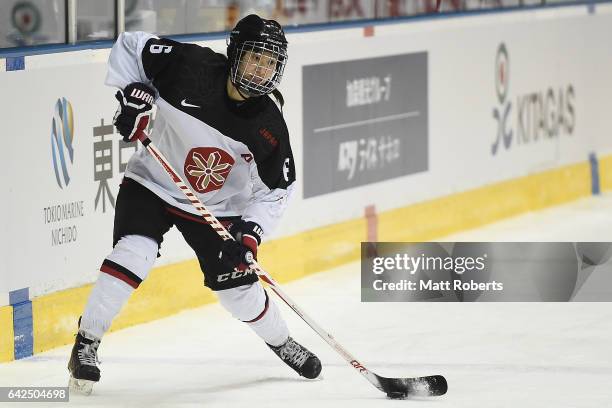 Sena Suzuki of Japan looks to pass during the Women's Ice Hockey match between Kazakhstan and Japan on the day one of the 2017 Sapporo Asian Winter...