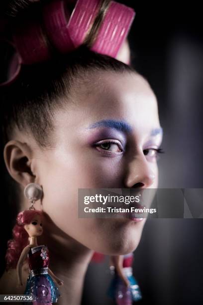 Model poses backstage ahead of the Billie Jacobina presentation at Fashion Scout during the London Fashion Week February 2017 collections on February...