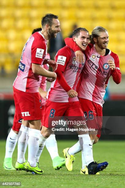 Joshua Rose, Neil Kilkenny and Luke Brattan of Melbourne City celebrate Kilkenny's first A-League goal during the round 20 A-League match between the...