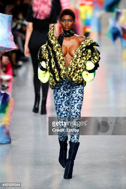 Model walks the runway at the FYODOR GOLAN show during the London Fashion Week February 2017 collections on February 17, 2017 in London, England.