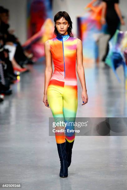 Model walks the runway at the FYODOR GOLAN show during the London Fashion Week February 2017 collections on February 17, 2017 in London, England.