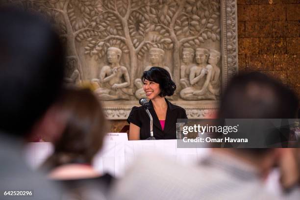 Book author Loung Ung smiles during a press conference ahead of the premiere of the film adaptation of her book "First They Killed My Father" set up...