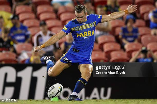 Clint Gutherson of the Eels kicks a goal during the NRL Trial match between the Penrith Panthers and Parramatta Eels at Pepper Stadium on February...