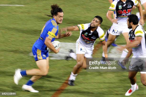Brad Takairangi of the Eels makes a break during the NRL Trial match between the Penrith Panthers and Parramatta Eels at Pepper Stadium on February...