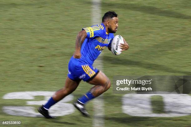 Kenny Edwards of the Eels makes a break during the NRL Trial match between the Penrith Panthers and Parramatta Eels at Pepper Stadium on February 18,...