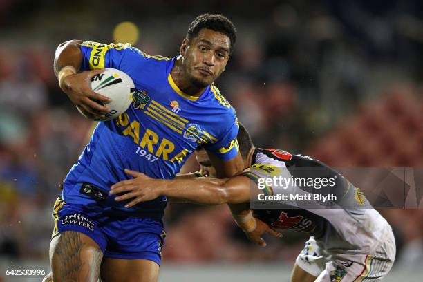 Bureta Faraimo of the Eels is tackled during the NRL Trial match between the Penrith Panthers and Parramatta Eels at Pepper Stadium on February 18,...