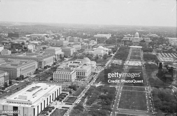 View of the Washington Mall, Washington DC, April 23, 1971. Among the visible buildings are, from bottom left, the American History Museum, the...