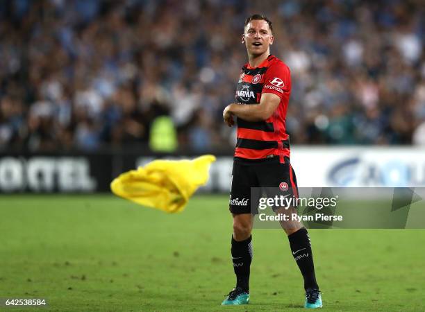 Brendon Santalab of the Wanderers celebrates victory during the round 20 A-League match between the Western Sydney Wanderers and Sydney FC at ANZ...