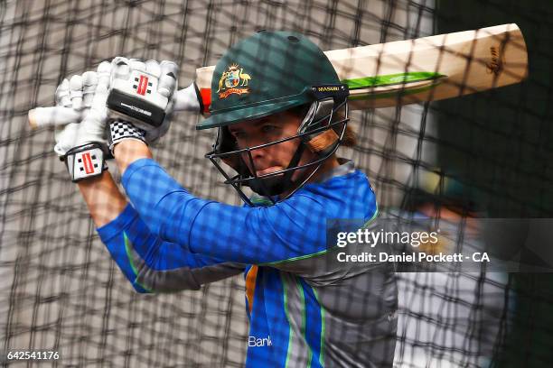 Jess Jonassen bats during a Southern Stars training session at Melbourne Cricket Ground on February 18, 2017 in Melbourne, Australia.