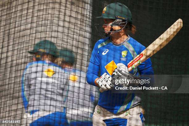 Jess Jonassen prepares to bat during a Southern Stars training session at Melbourne Cricket Ground on February 18, 2017 in Melbourne, Australia.