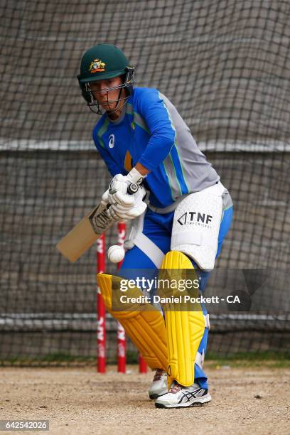 Ellyse Villani hits the ball during a Southern Stars training session at Melbourne Cricket Ground on February 18, 2017 in Melbourne, Australia.