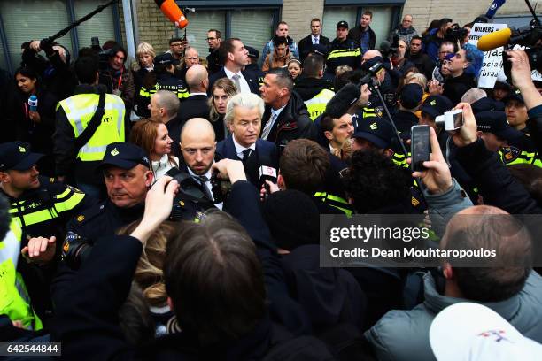 Candidate, Geert Wilders speaks to the crowd, the media and shakes hands with supporters as he kicks off his election campaign near the Dorpskerk on...