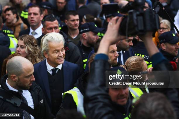 Candidate, Geert Wilders speaks to the crowd, the media and shakes hands with supporters as he kicks off his election campaign near the Dorpskerk on...