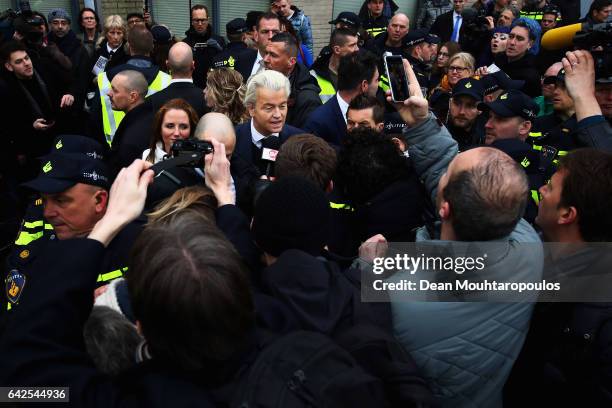 Candidate, Geert Wilders speaks to the crowd, the media and shakes hands with supporters as he kicks off his election campaign near the Dorpskerk on...