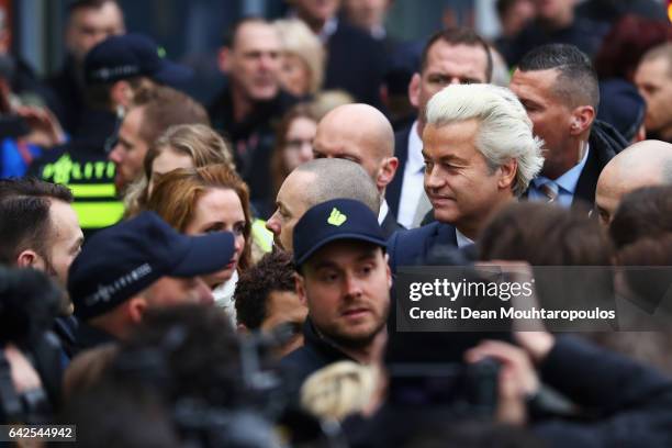 Candidate, Geert Wilders speaks to the crowd, the media and shakes hands with supporters as he kicks off his election campaign near the Dorpskerk on...