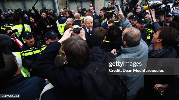 Candidate, Geert Wilders speaks to the crowd, the media and shakes hands with supporters as he kicks off his election campaign near the Dorpskerk on...