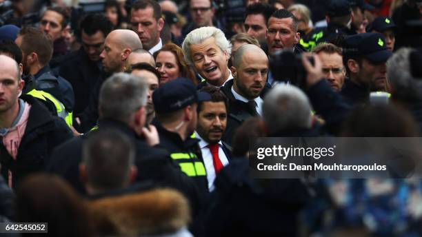 Candidate, Geert Wilders speaks to the crowd, the media and shakes hands with supporters as he kicks off his election campaign near the Dorpskerk on...